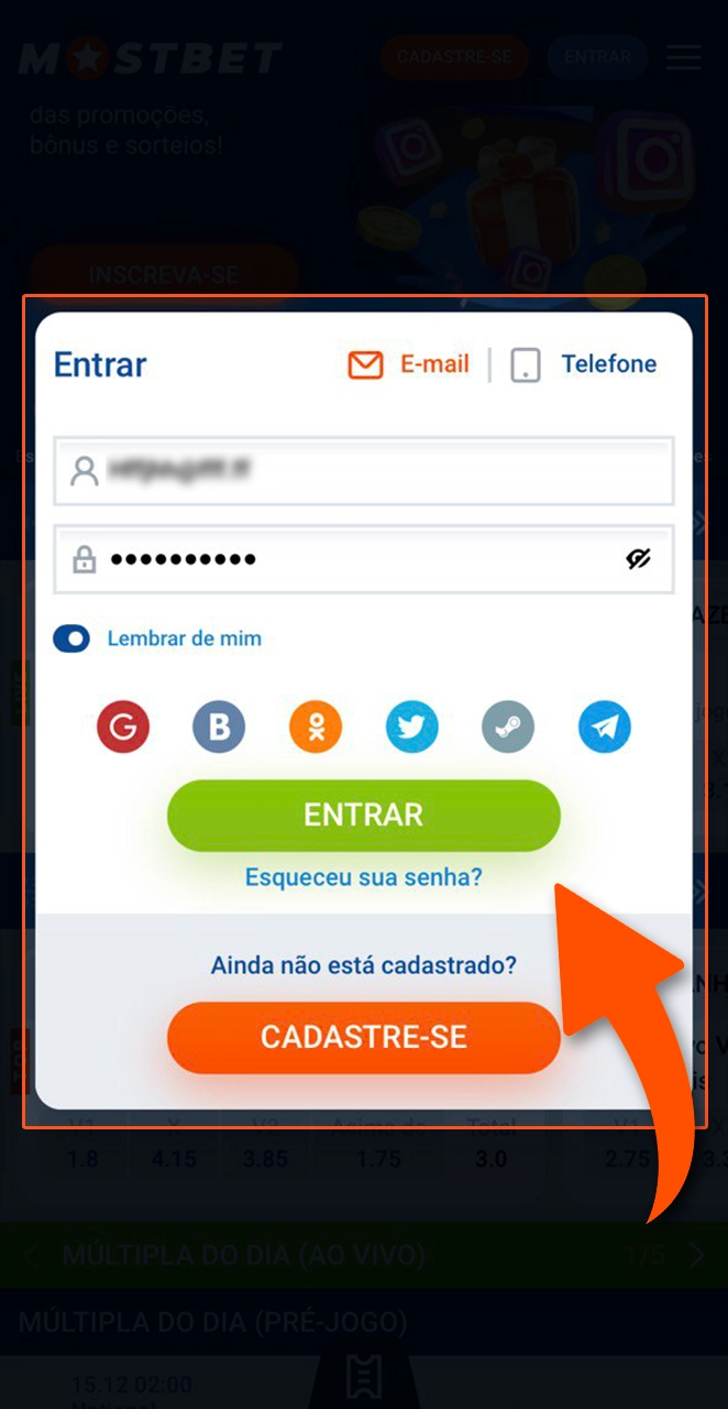 Faça login ou crie uma conta para começar a jogar na Mostbet.