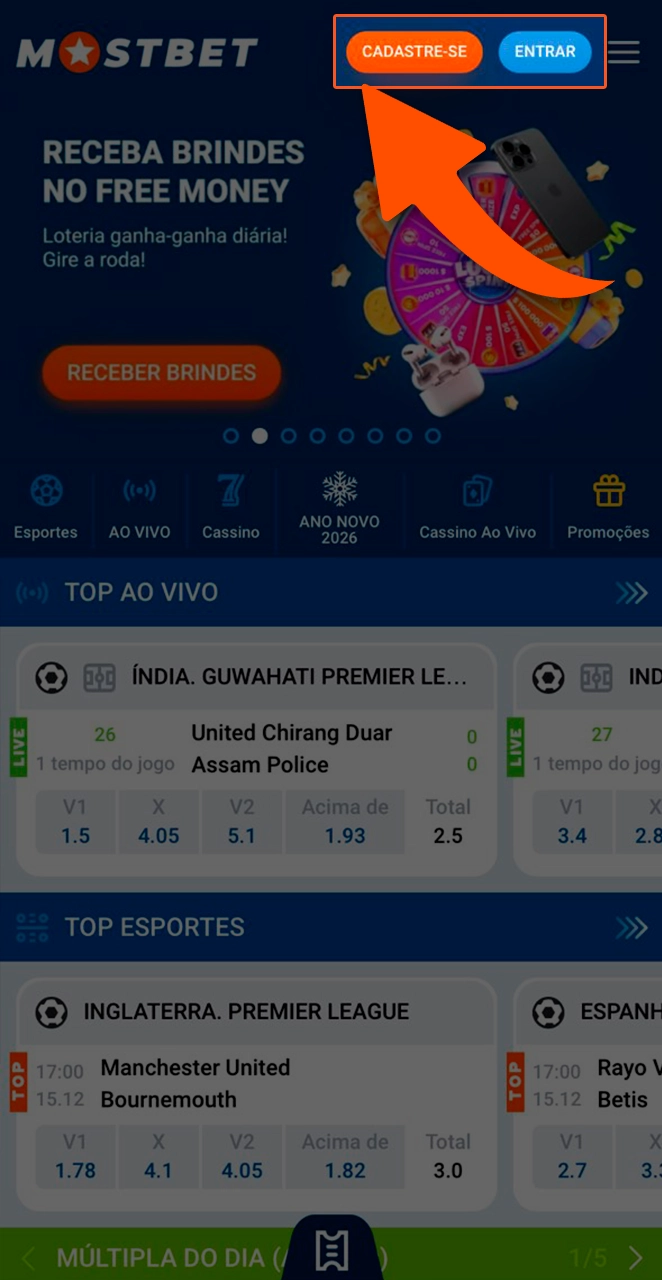 Para se cadastrar, clique no botão no topo do site da Mostbet.