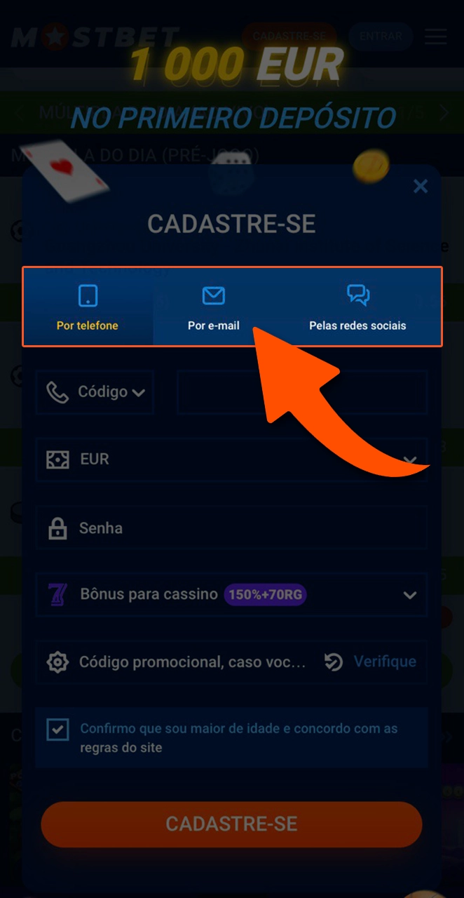 Escolha um método conveniente para criar uma conta na Mostbet.