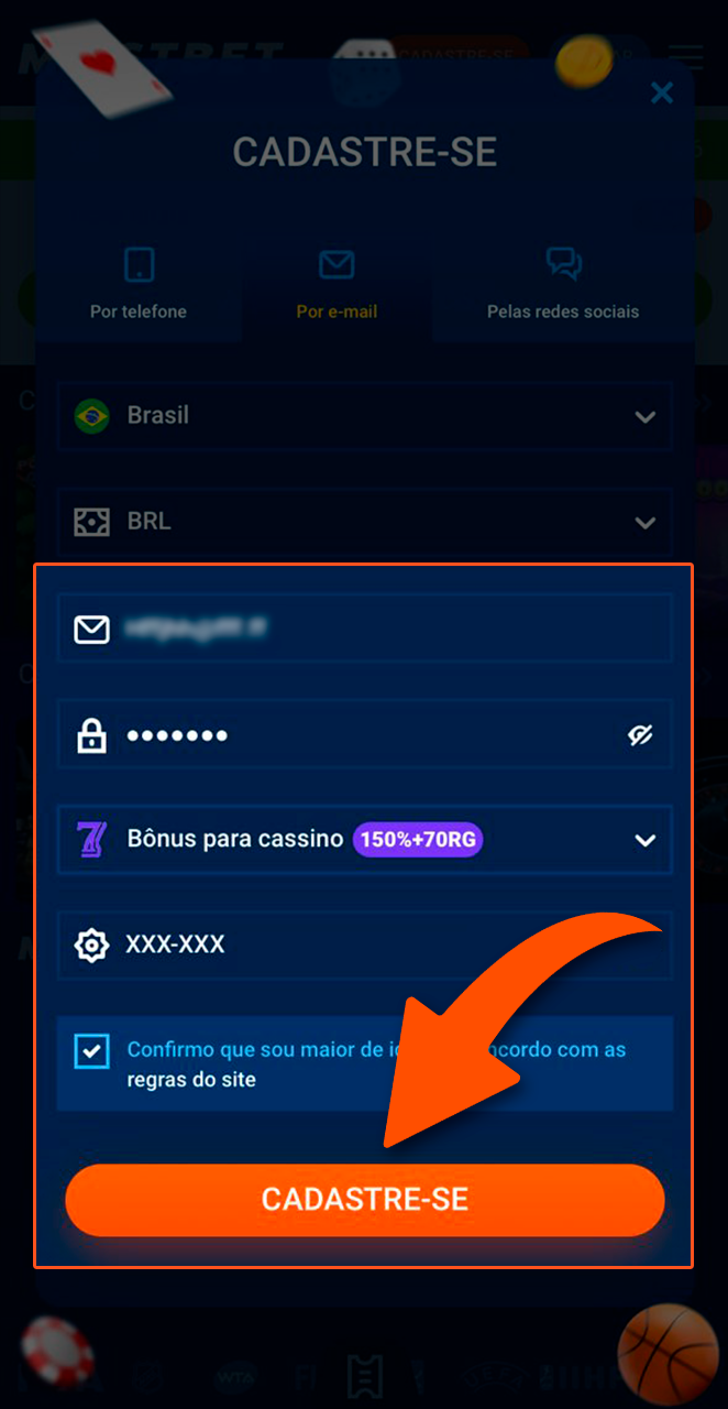 Insira suas informações e conclua seu cadastro na Mostbet.
