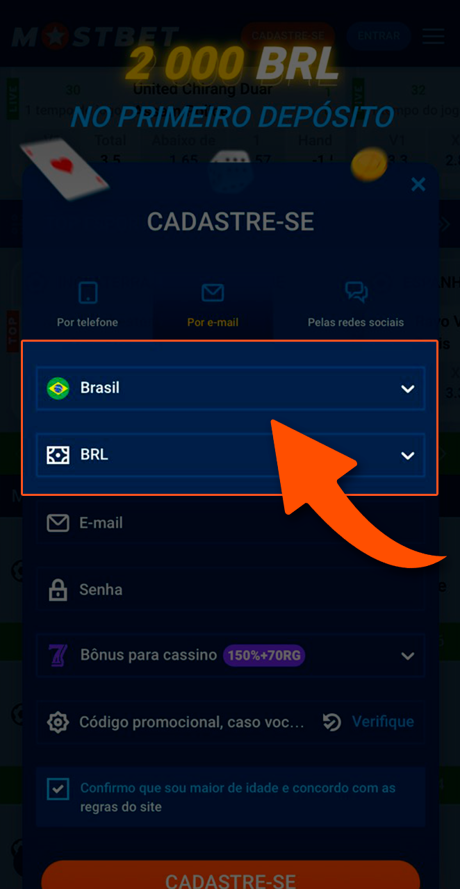 Selecione seu país e moeda para receber os bônus corretos da Mostbet.
