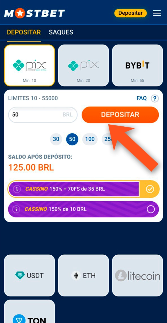 Recarregue sua conta para receber bônus da Mostbet.