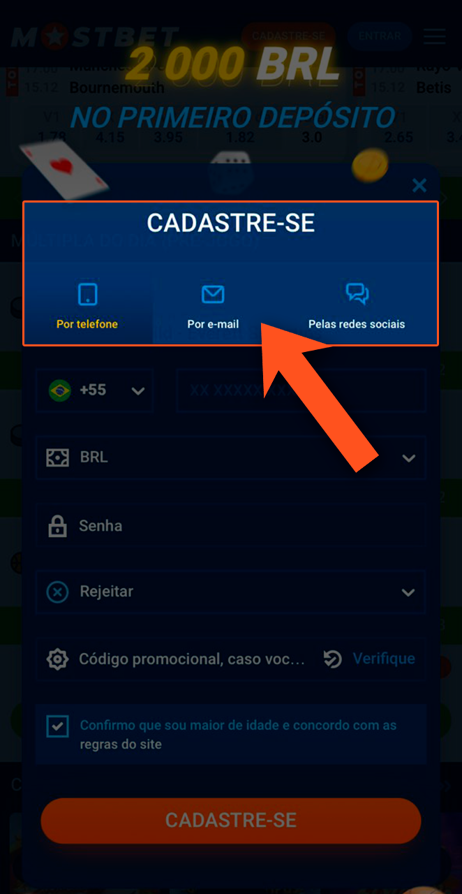 Crie uma conta utilizando qualquer um dos métodos apresentados na Mostbet.