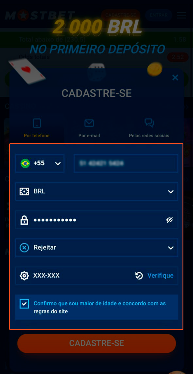 Insira suas informações pessoais para se cadastrar no Mostbet.