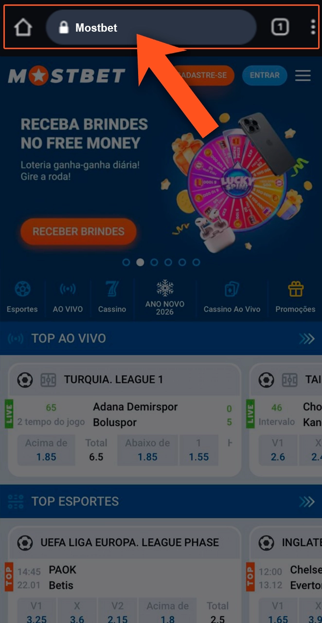 Acesse o site oficial da Mostbet pelo navegador do seu smartphone.